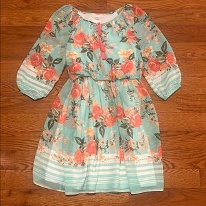 Bonnie Jean Green Orange Floral 3/4 Sleeve Dress, Girl's 16